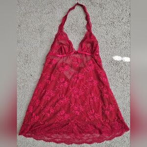 Victorias Secret Red Sheer Lace Halter Babydoll Chemise